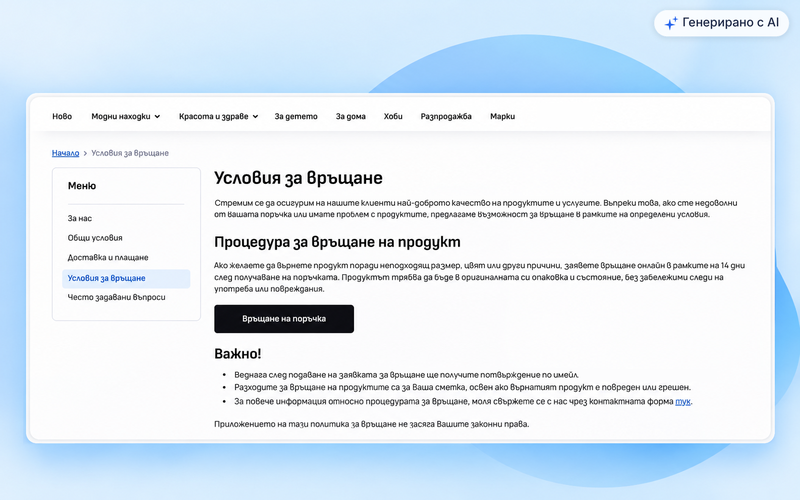 Страница „Условия за връщане“ в онлайн магазин с бутон „Връщане на поръчка“