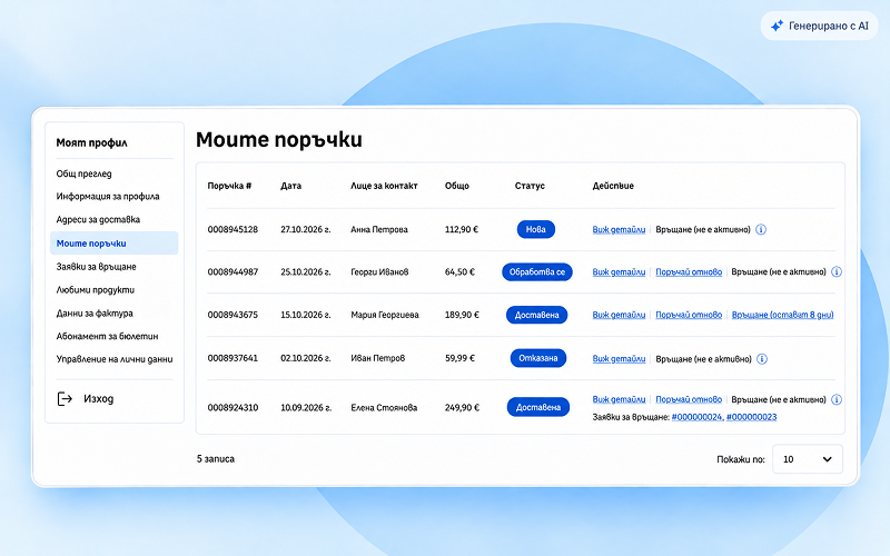 Списък „Моите поръчки“ в клиентския профил със статус на връщането за всяка поръчка