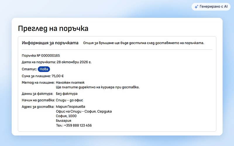 Преглед на нова поръчка със съобщение, че връщането ще е достъпно след доставката